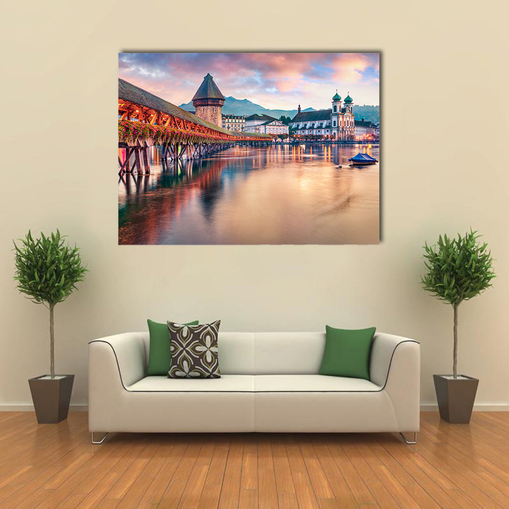 Old Wooden Chapel Bridge Kapellbrucke In Switzerland Canvas Wall Art in brown, orange and blue, single panel hung on a wall