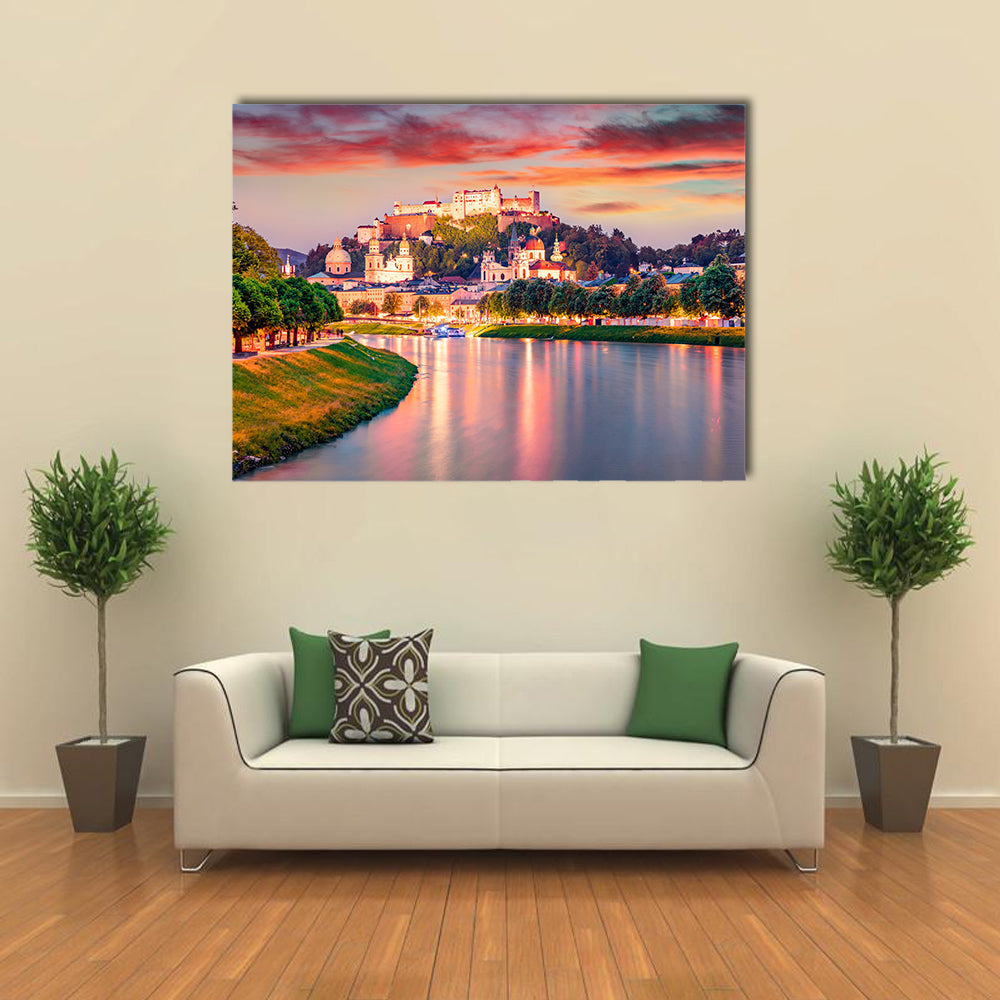 Old Town Of Salzburg In Austria Canvas Wall Art in orange, green and blue, single panel hung on a wall