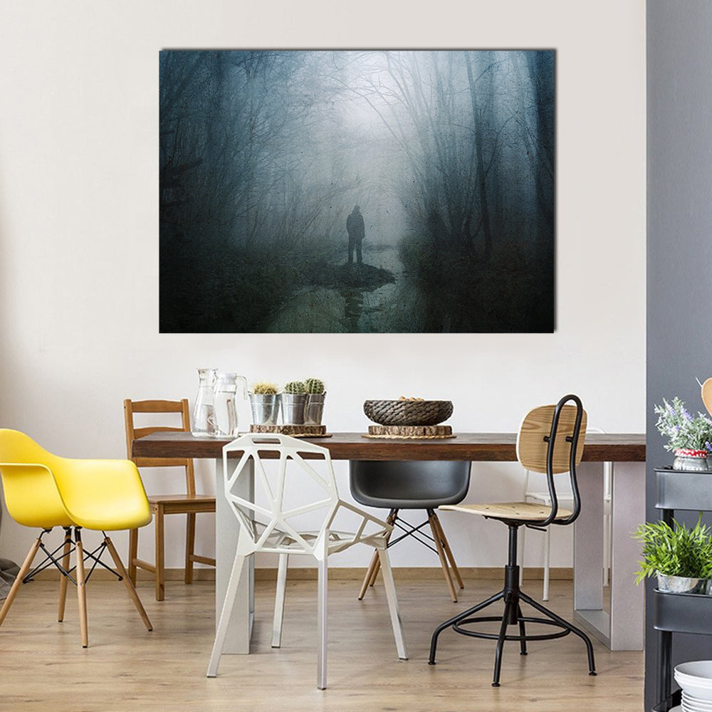 Silhouette at Stream in Misty Forest Canvas Wall Art in black, gray and blue, single panel hung on a wall