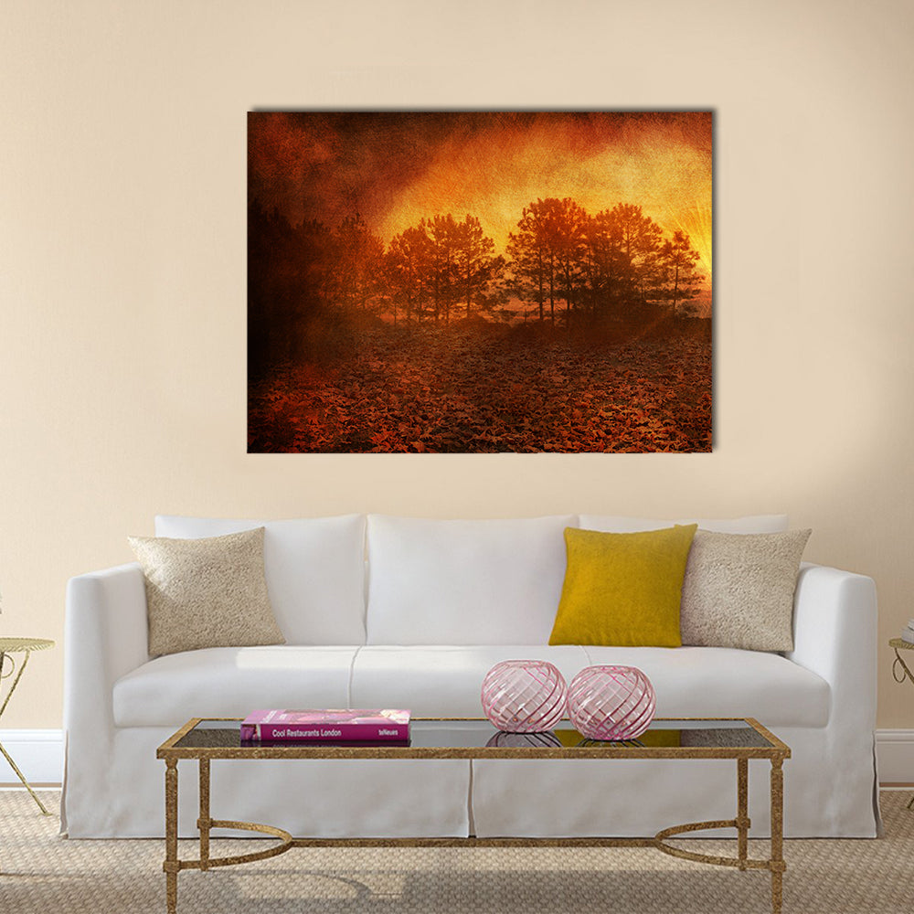 Rusty Golden Textured Autumn Field Canvas Wall Art in brown, gold and orange, single panel hung on a wall