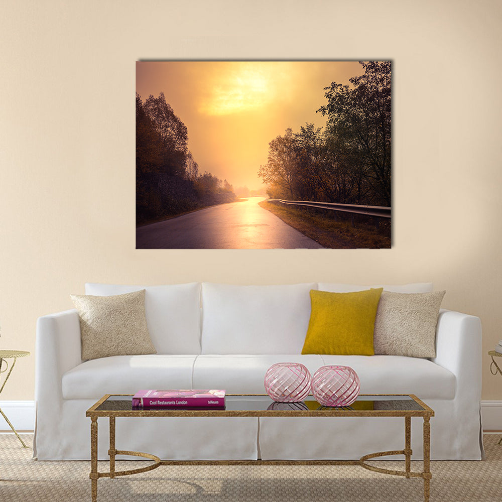 Windy Road Among The Forest At Sunset Canvas Wall Art
