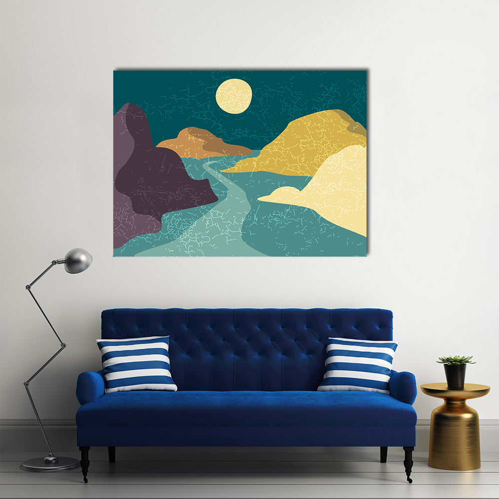Teal and Purple Moonlit Mountain Abstract Canvas Wall Art in yellow, blue and purple, single panel hung on a wall