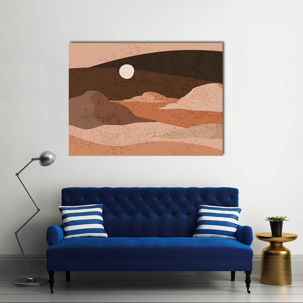 Minimal Desert Landscape Canvas Wall Art in beige, brown and orange, single panel hung on a wall