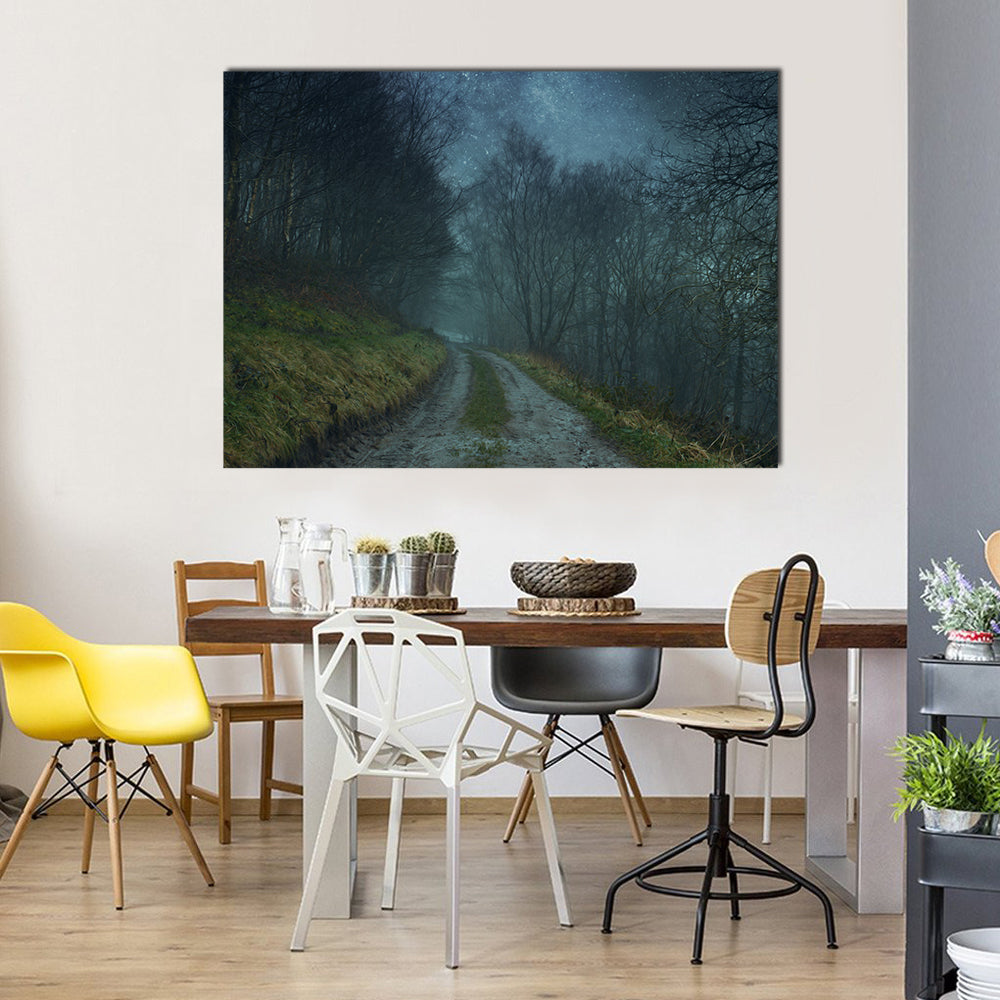 Foggy Forest Path Under Starry Sky Canvas Wall Art in black, green and blue, single panel hung on a wall
