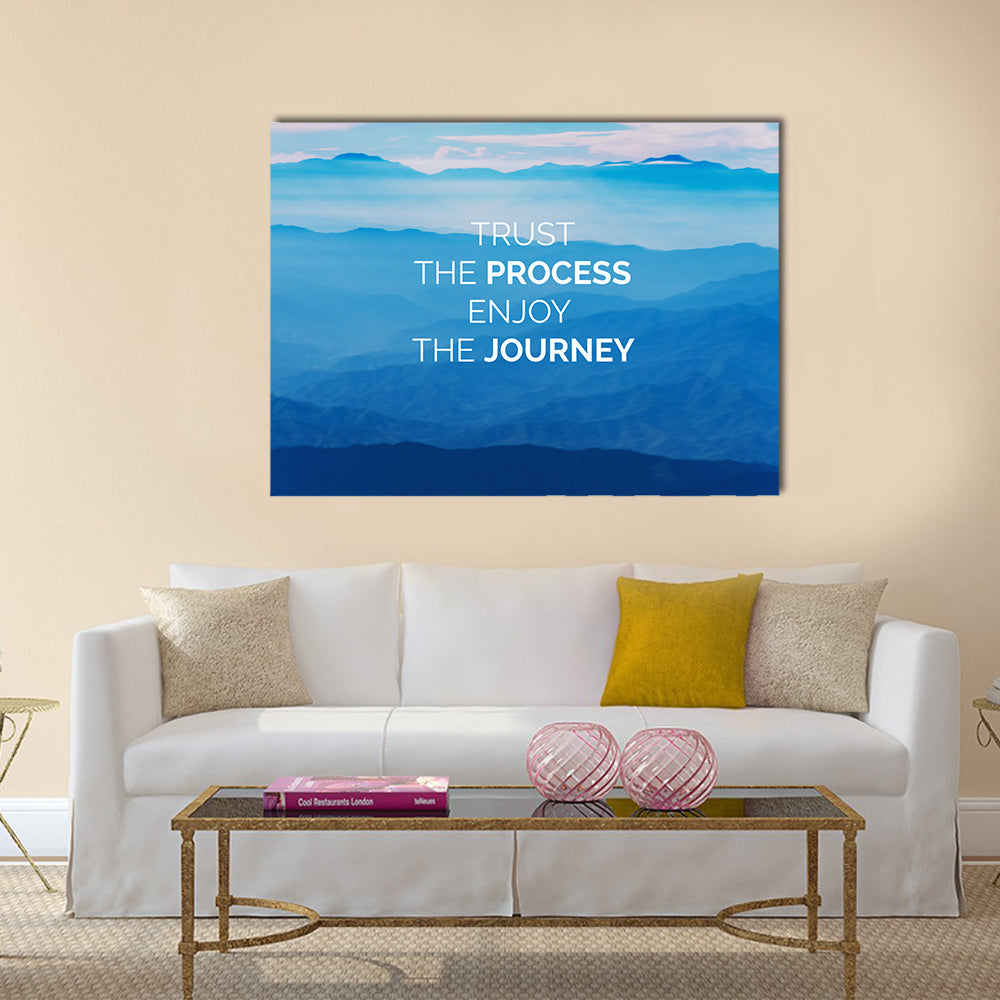 Trust the Process Enjoy the Journey Quote Canvas Wall Art in white and blue, single panel hung on a wall