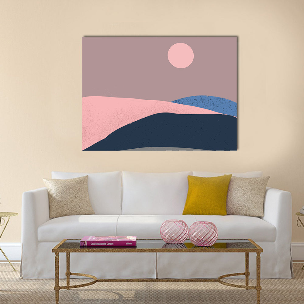 Minimalist Mountain Landscape Canvas Wall Art in blue, navy and pink, single panel hung on a wall