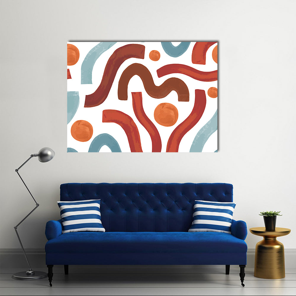 Seamless Geometric Shapes Pattern Canvas Wall Art in white, brown and orange, single panel hung on a wall