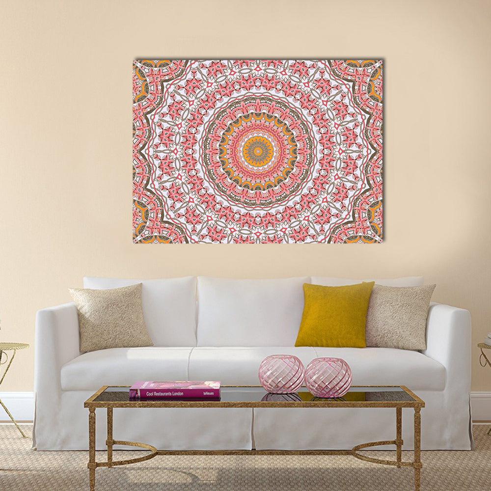 Round Mosaic Mandala Canvas Wall Art in white, orange and pink, single panel hung on a wall
