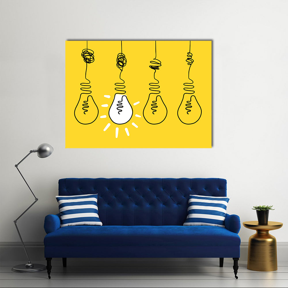 Four Lightbulbs Technology Concept Canvas Wall Art in black, white and yellow, framed canvas, product view on a white background