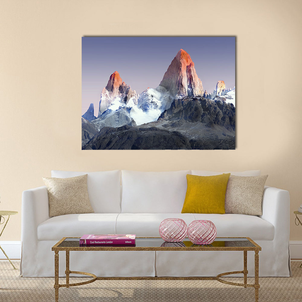 Mount Fitz Roy In Patagonia Canvas Wall Art in gray, orange and blue, single panel hung on a wall