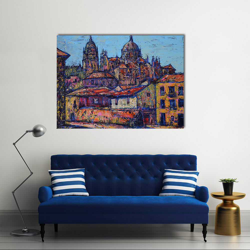Salamanca Old City Street Canvas Wall Art in orange, yellow and blue, single panel hung on a wall