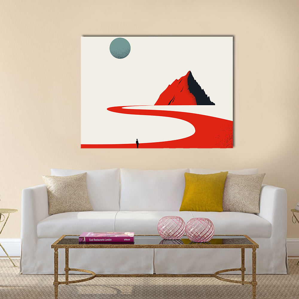 Solitary Figure on Red Path to Geometric Mountain Canvas Wall Art in black, white and red, single panel hung on a wall