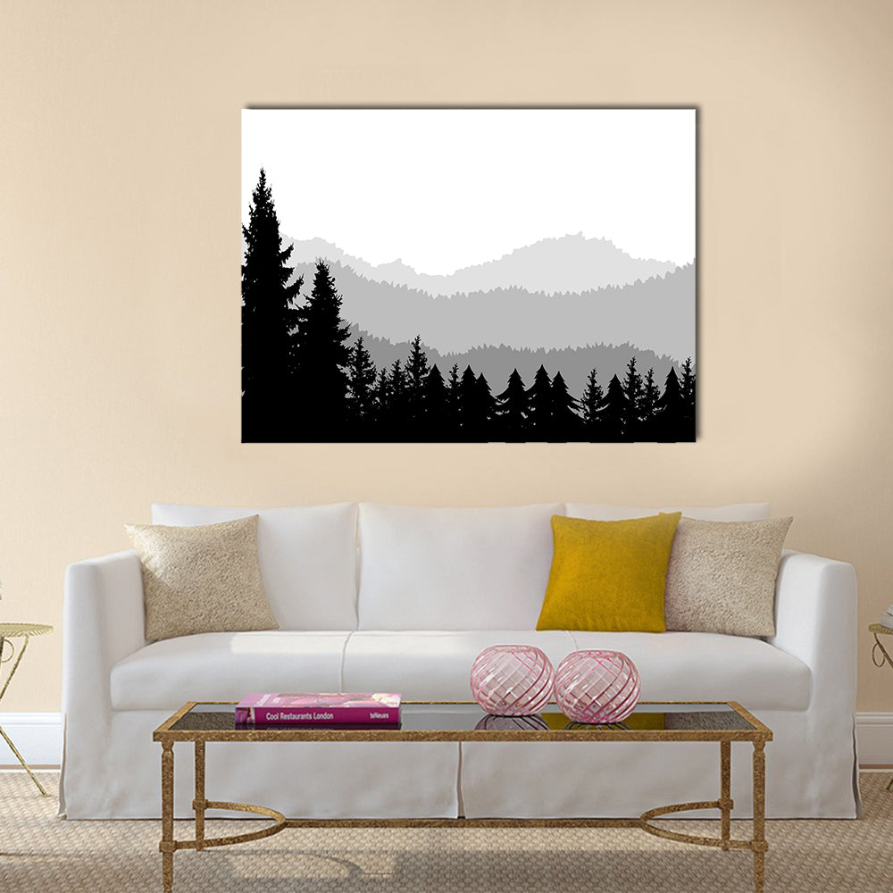 Monochrome Mountain Ranges with Pine Silhouettes Canvas Wall Art in black, white and gray, single panel hung on a wall