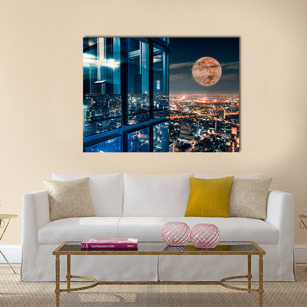 Bangkok Night Skyline with Full Moon Canvas Wall Art in black, orange and blue, single panel hung on a wall