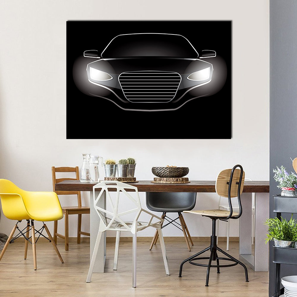 Black Car Silhouette with Glowing Headlights Canvas Wall Art in black and white, single panel hung on a wall