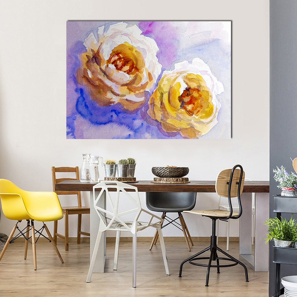 Two Yellow Roses Watercolor Painting Canvas Wall Art