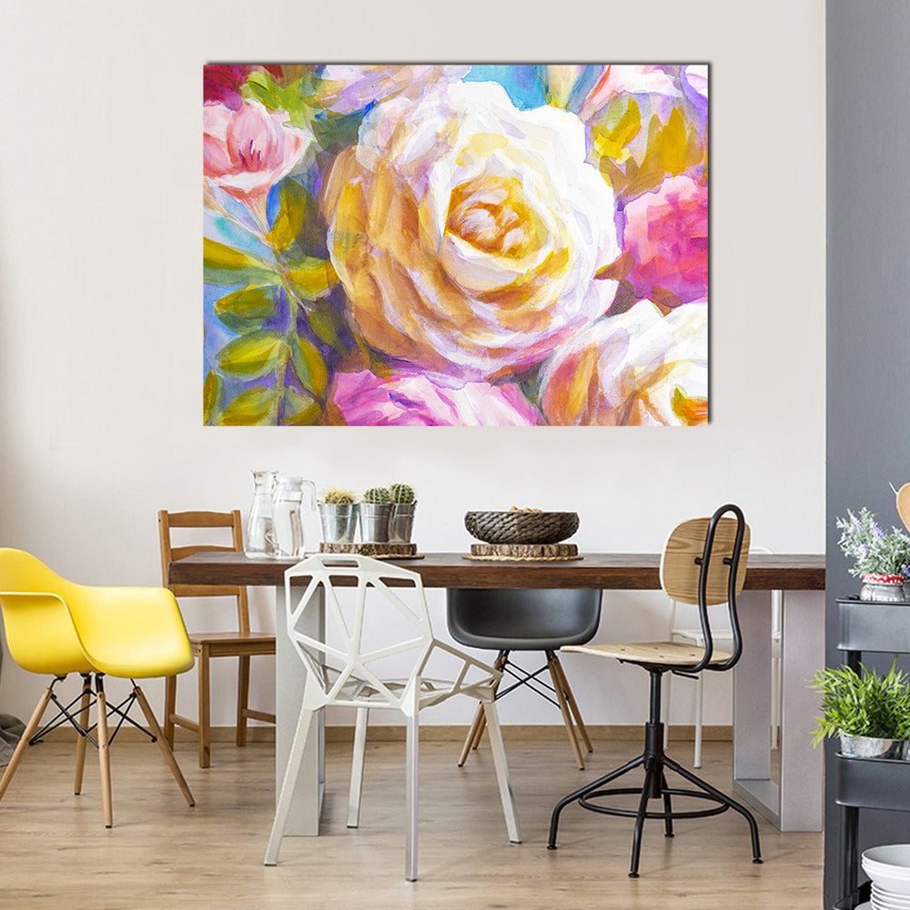Peonies and Roses Bouquet Sketch Canvas Wall Art in yellow, pink and multicolor, single panel hung on a wall