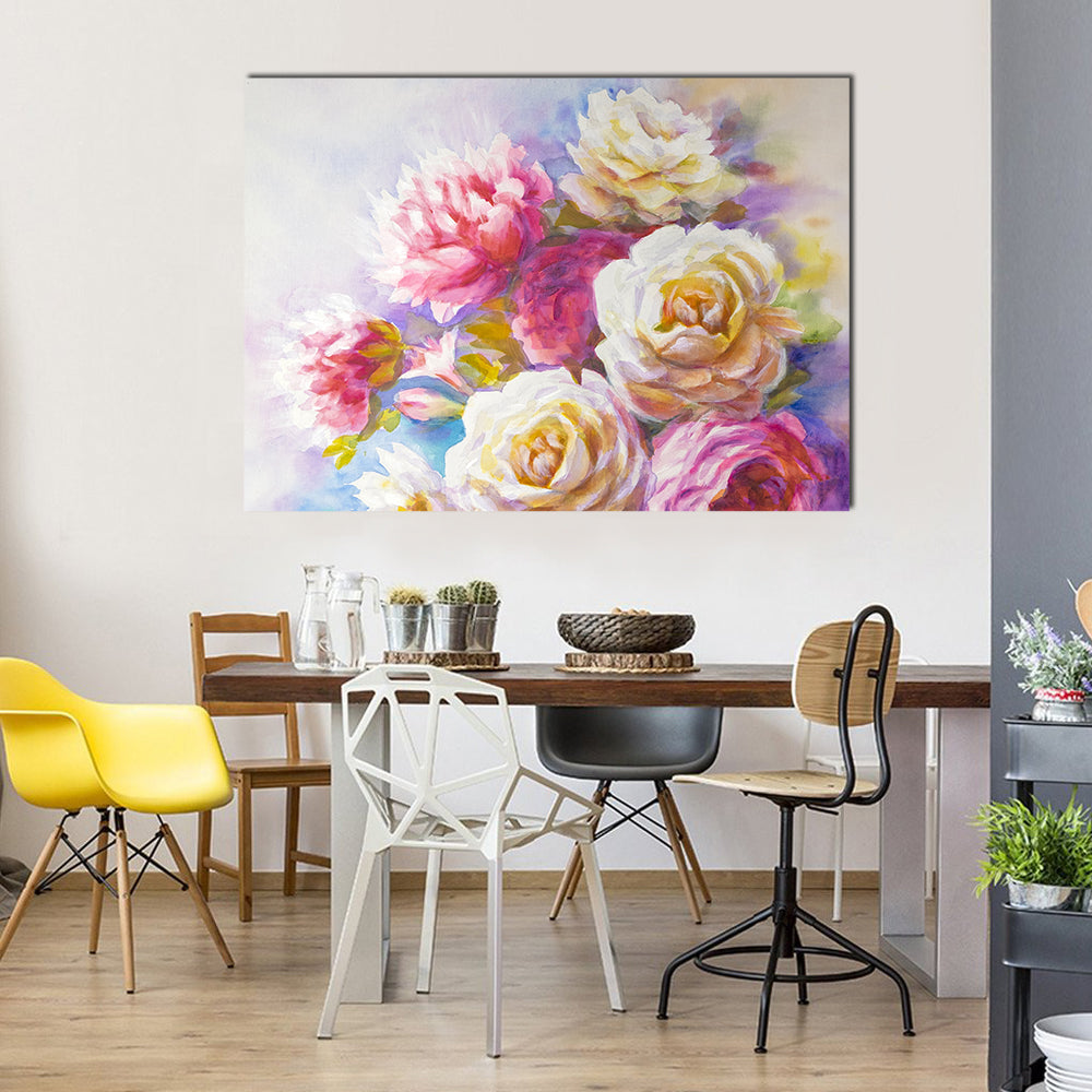 Watercolor Roses and Peonies Canvas Wall Art in white, yellow and pink, single panel hung on a wall