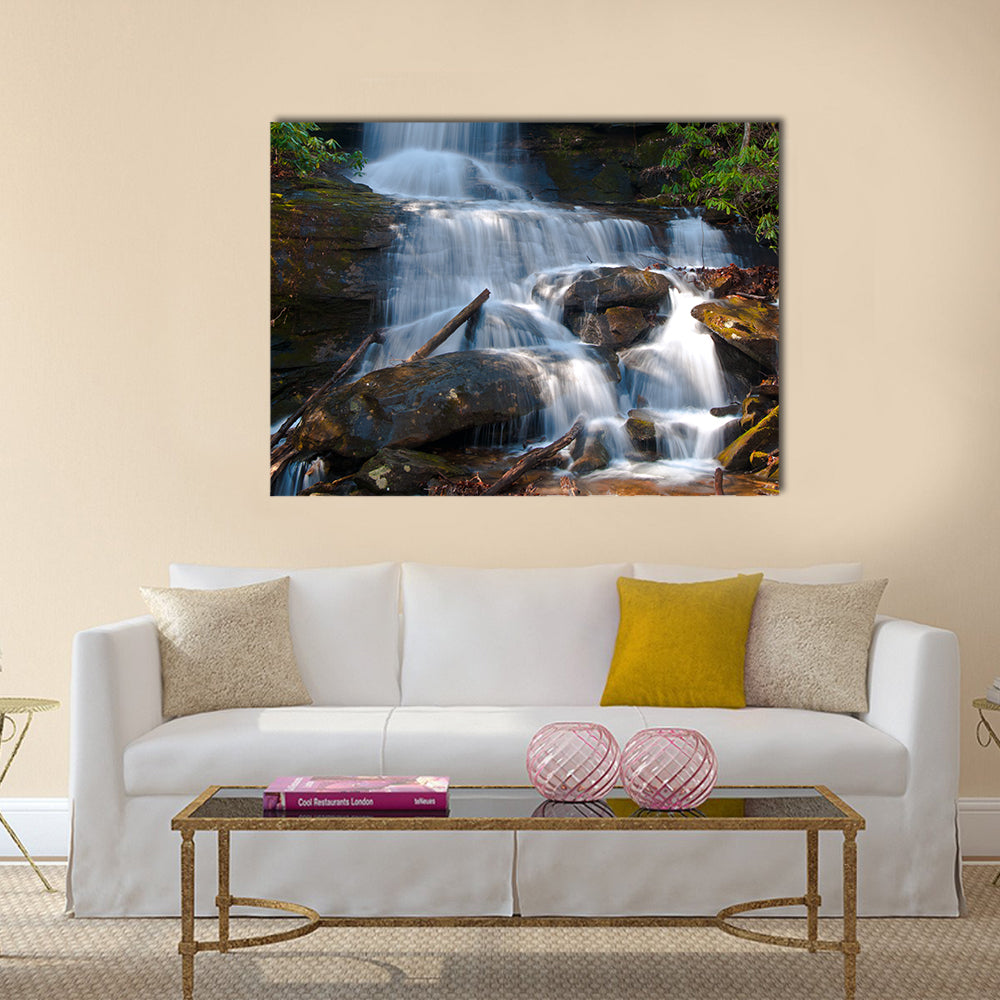 Desoto Falls, Georgia Canvas Wall Art in white, brown and green, single panel hung on a wall