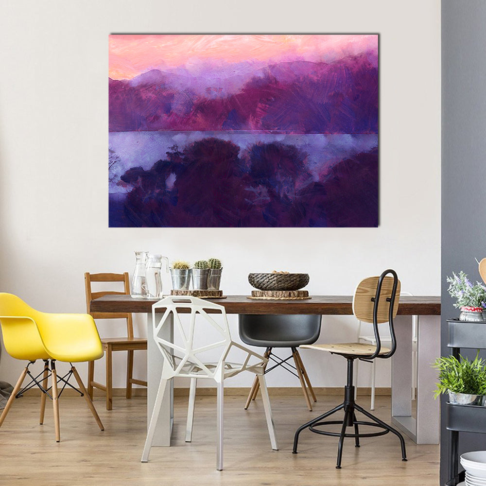 Purple Dusk Over Mountain Lake Canvas Wall Art in purple and pink, single panel hung on a wall
