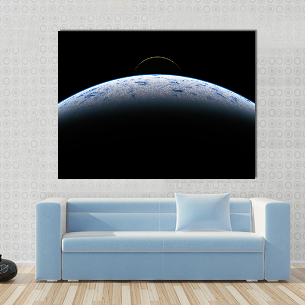 Earth and Moon from Space Canvas Wall Art in black and blue, single panel hung on a wall