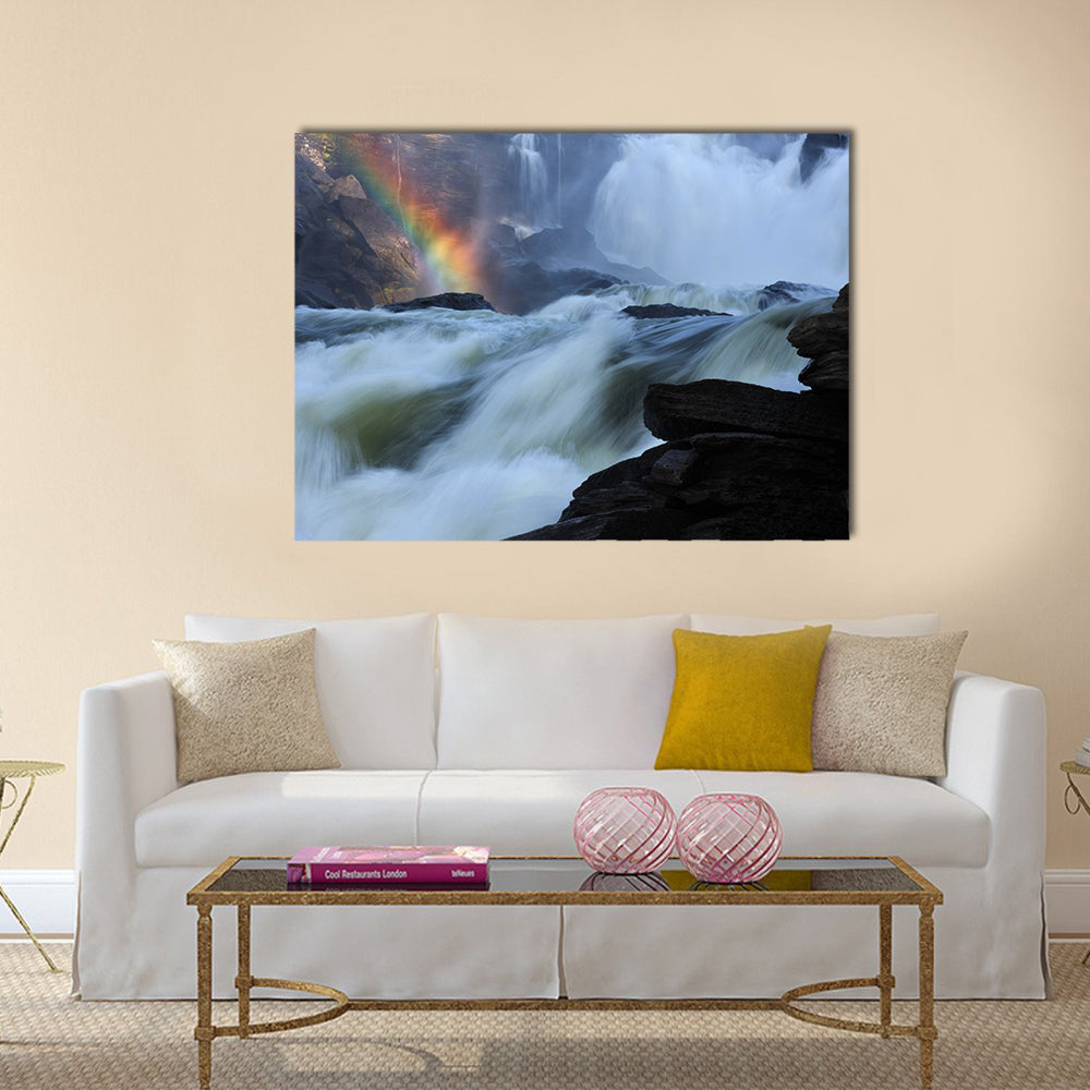 Rainbow River Canvas Wall Art in white, gray and blue, single panel hung on a wall