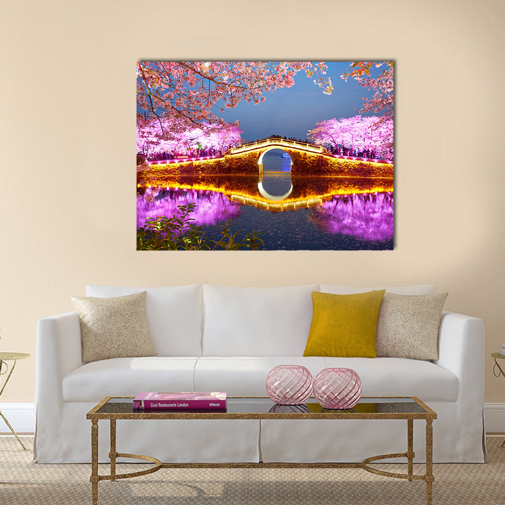 The Turtle Head Park In China Canvas Wall Art in yellow, blue and pink, single panel hung on a wall