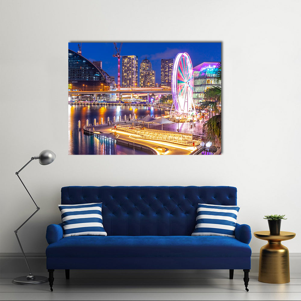 Sydney Harbour Skyline Canvas Wall Art in yellow, blue and multicolor, single panel hung on a wall
