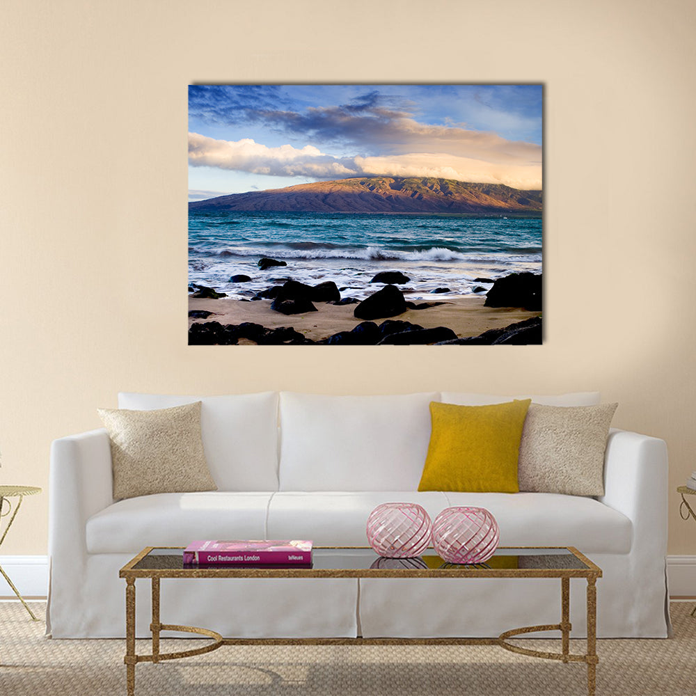 Oahu Coastline with Volcanic Rocks Canvas Wall Art in white, brown and blue, single panel hung on a wall