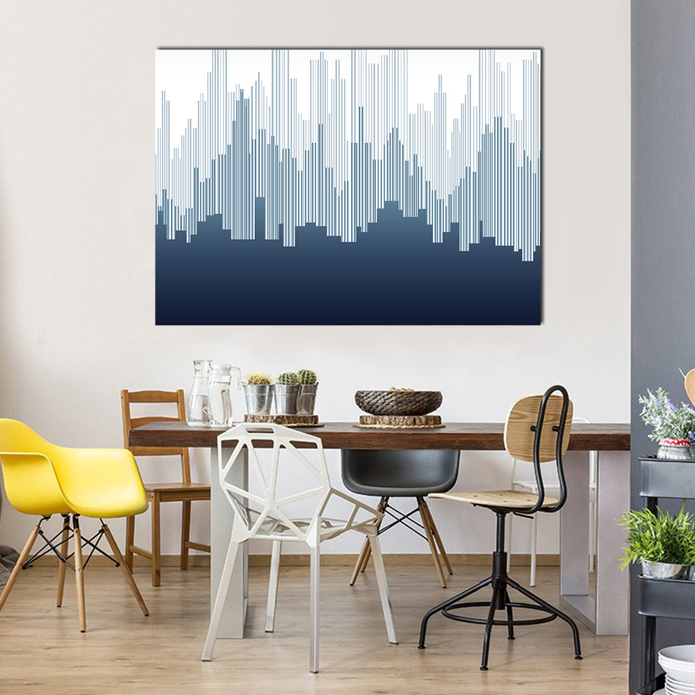 Minimalist City Skyline in Navy and White Canvas Wall Art in white and navy, single panel hung on a wall
