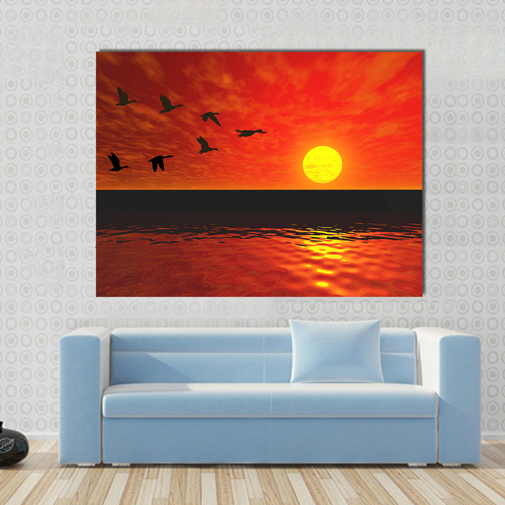 Flying Ducks at Sunset Canvas Wall Art in red, orange and yellow, single panel hung on a wall