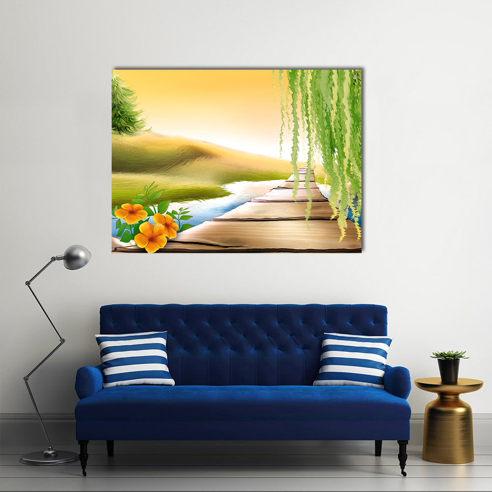 Wooden Footbridge Over Meadow Stream Canvas Wall Art in brown, yellow and green, single panel hung on a wall