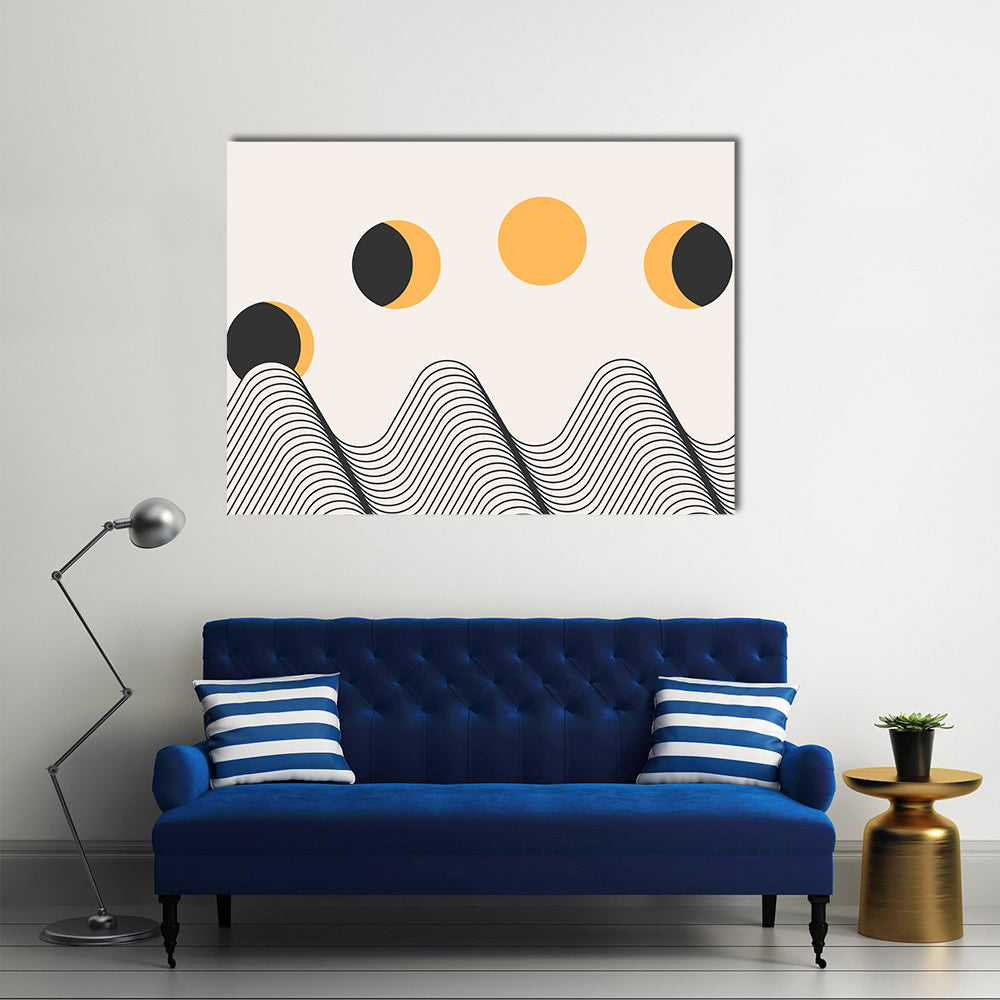 Minimalist Moon Cycle Canvas Wall Art in black, beige and yellow, single panel hung on a wall