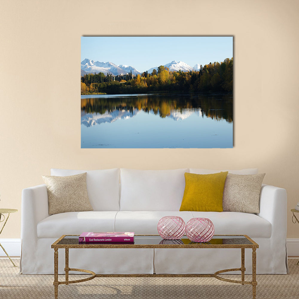 Anchorage Coastline in Alaska Canvas Wall Art in white, yellow and blue, single panel hung on a wall