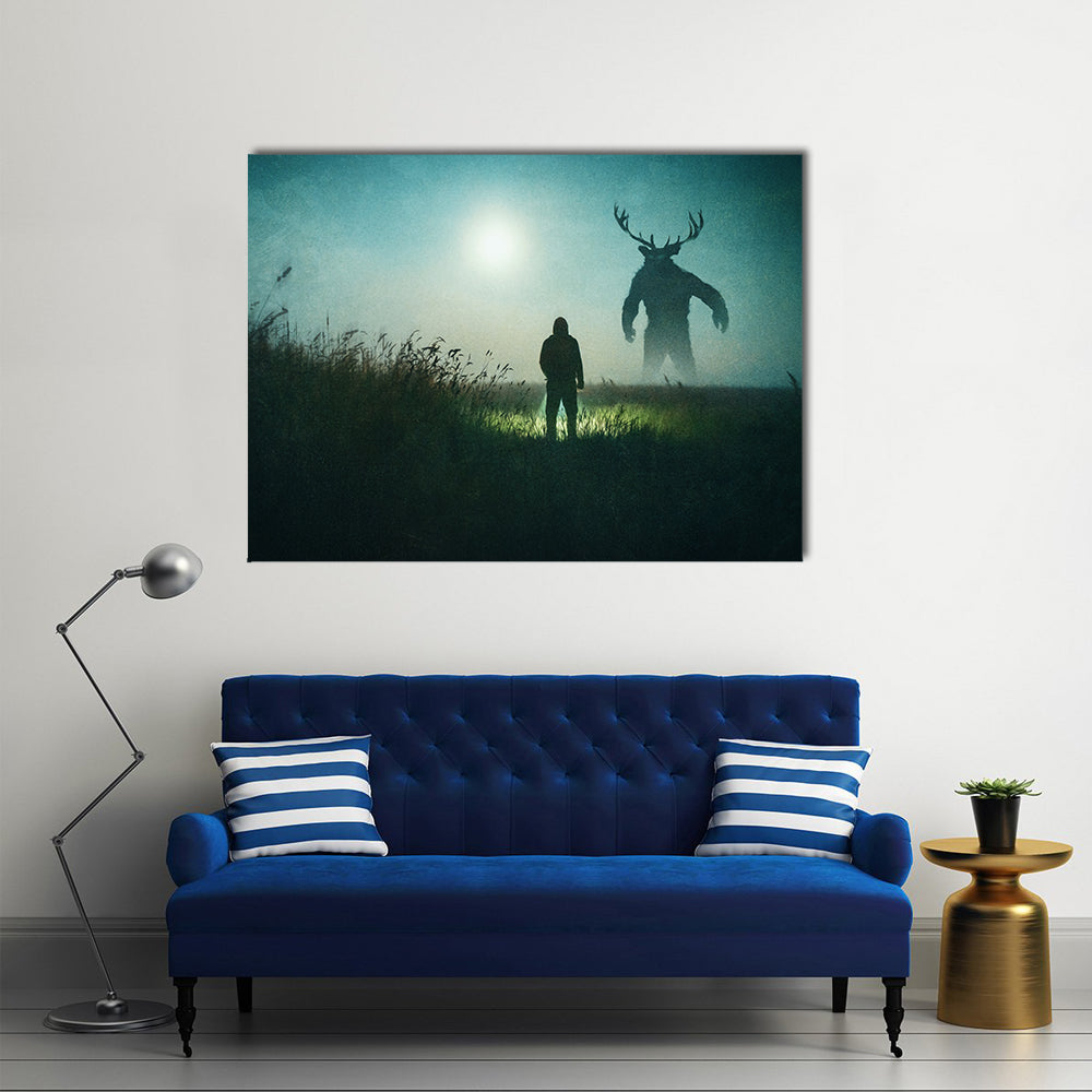 Alone Man Against Mysterious Monster Canvas Wall Art in black, green and blue, single panel hung on a wall