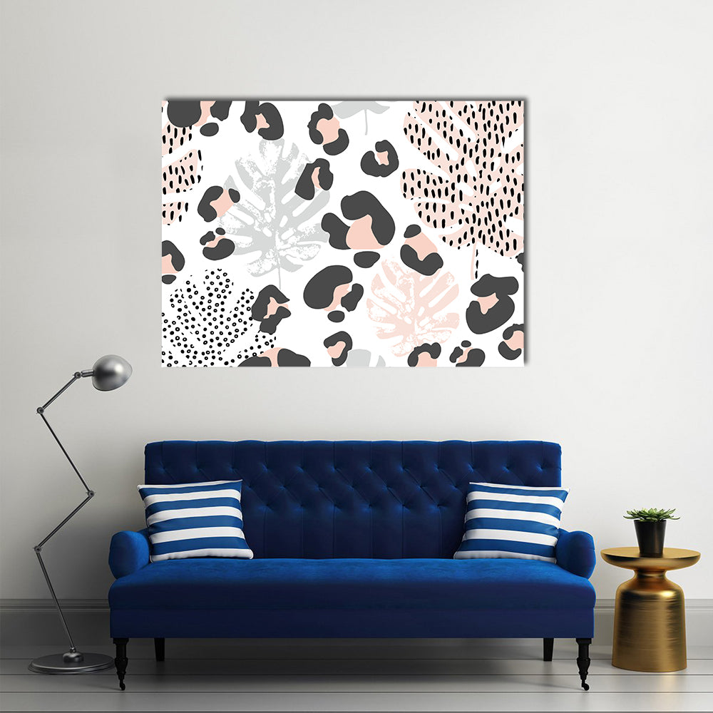 Pink and Black Leopard Monstera Pattern Canvas Wall Art in black, white and pink, single panel hung on a wall