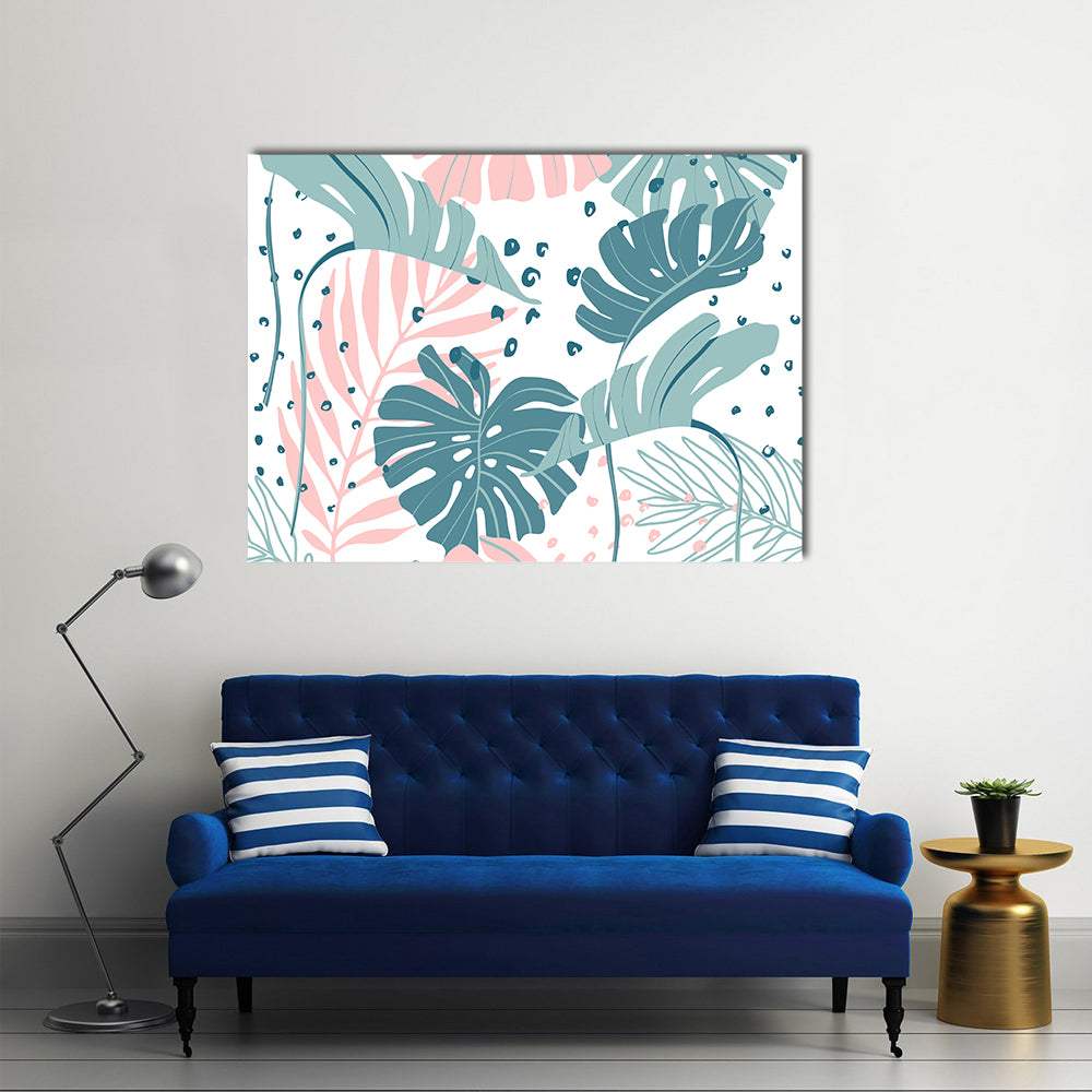 Monstera and Palm Leaves Abstract Canvas Wall Art in white, green and pink, single panel hung on a wall