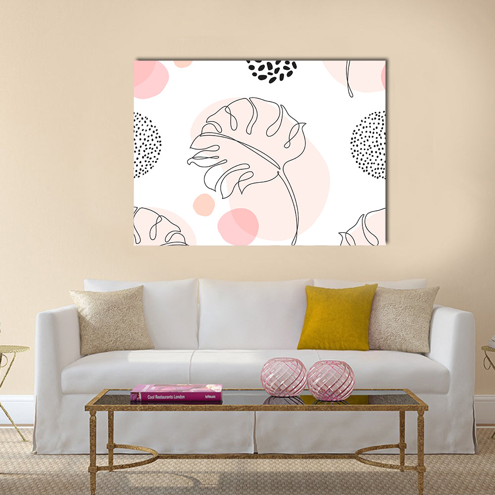 Tropical Monstera Leaf Silhouette Canvas Wall Art in black, white and pink, single panel hung on a wall