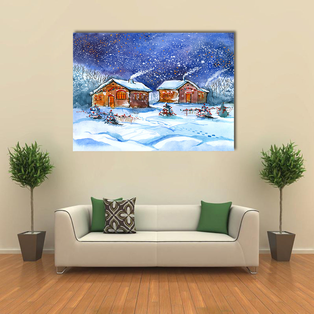 Two Winter Cottages Under Starry Night Canvas Wall Art in white, blue and navy, single panel hung on a wall