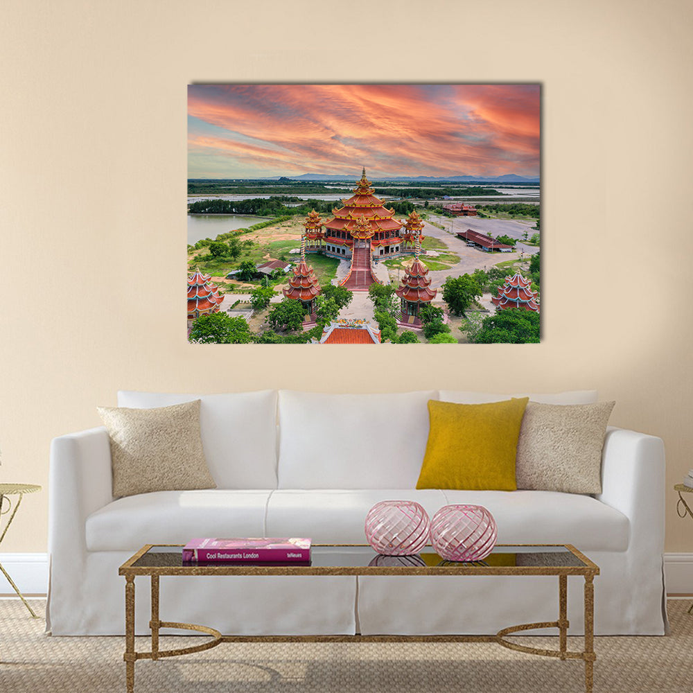 Wat Petch Suwan Chinese Temple In Thailand Canvas Wall Art in orange, green and blue, single panel hung on a wall