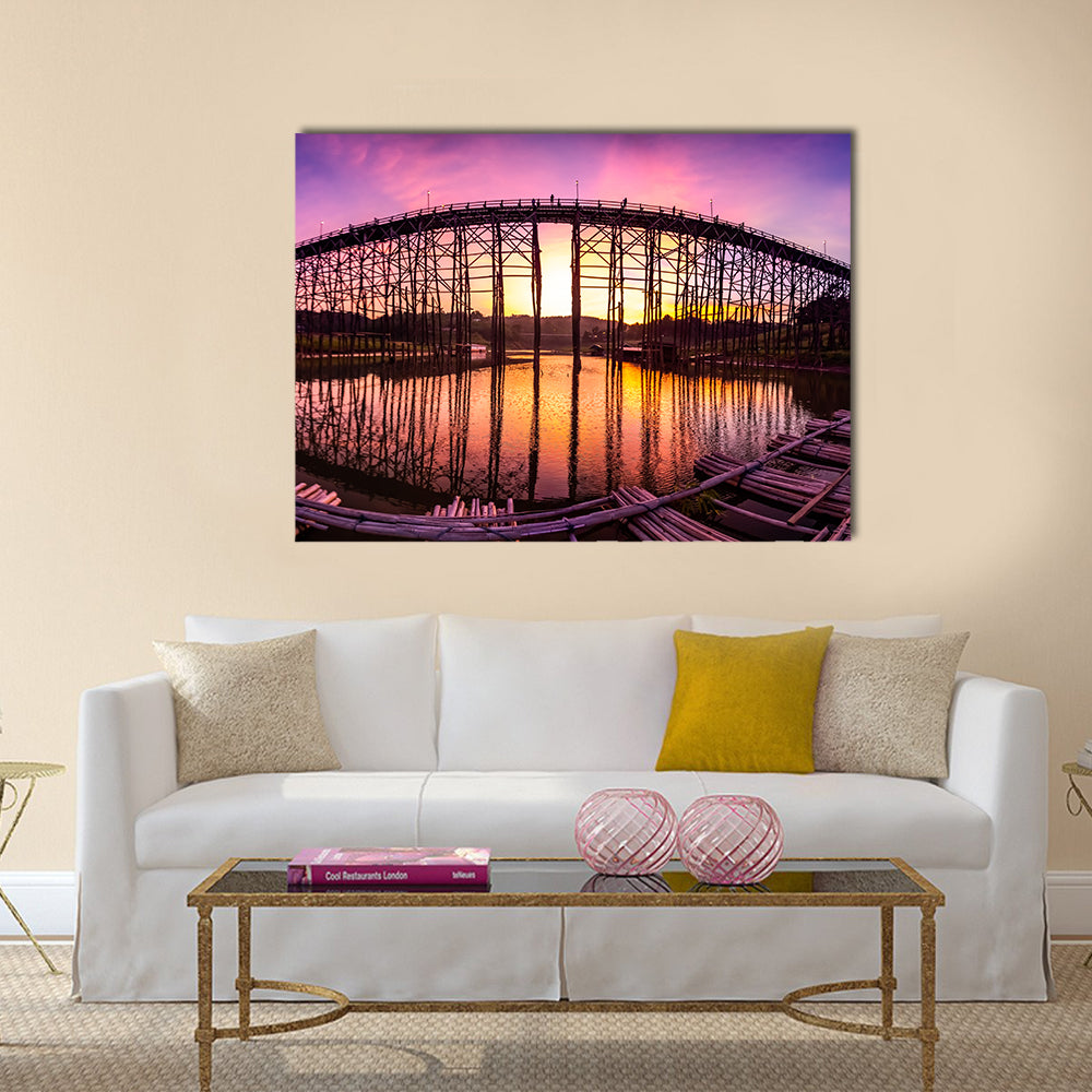 Mon Bridge At Sunset Canvas Wall Art in brown, orange and purple, single panel hung on a wall