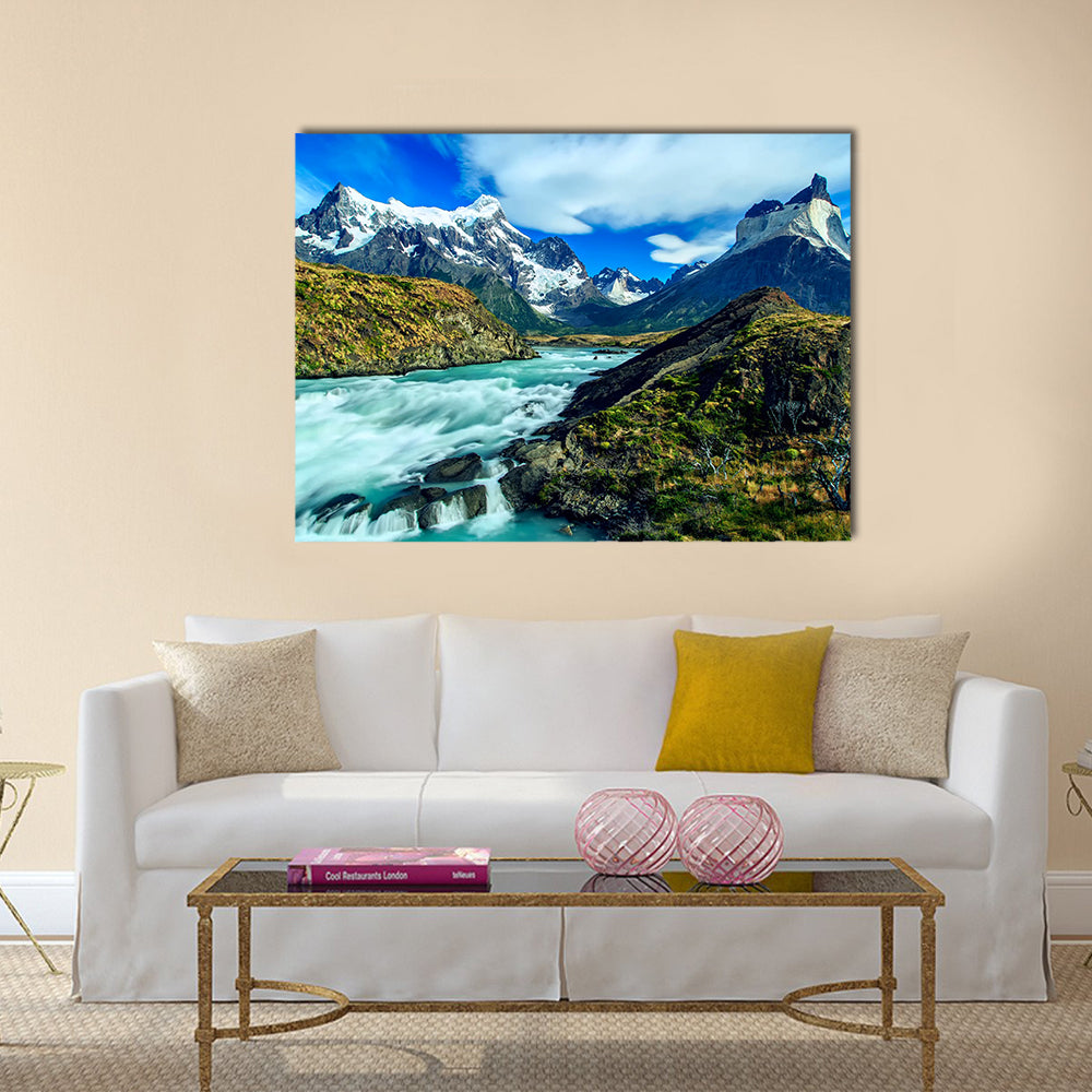 Luxury River Mountain Canvas Wall Art in white, green and blue, single panel hung on a wall