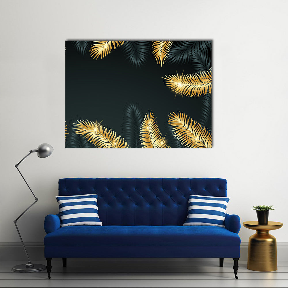 Golden Palm Leaves Abstract Canvas Wall Art in black and gold, single panel hung on a wall