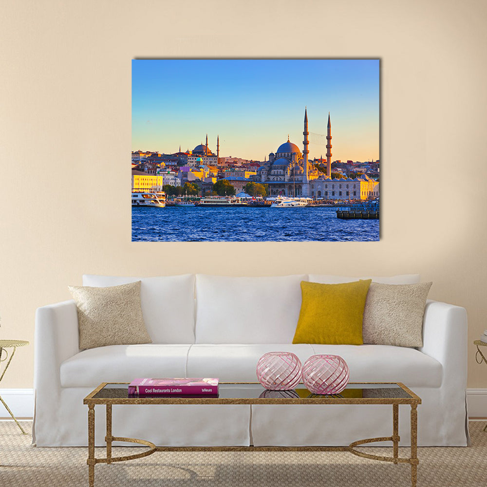 Istanbul Cityscape At Sunset Canvas Wall Art in orange, yellow and blue, single panel hung on a wall
