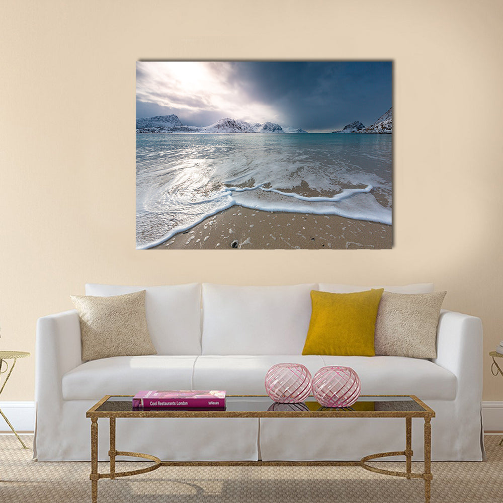 Haukland Beach Lofoten Norway Canvas Wall Art in white, gray and blue, single panel hung on a wall