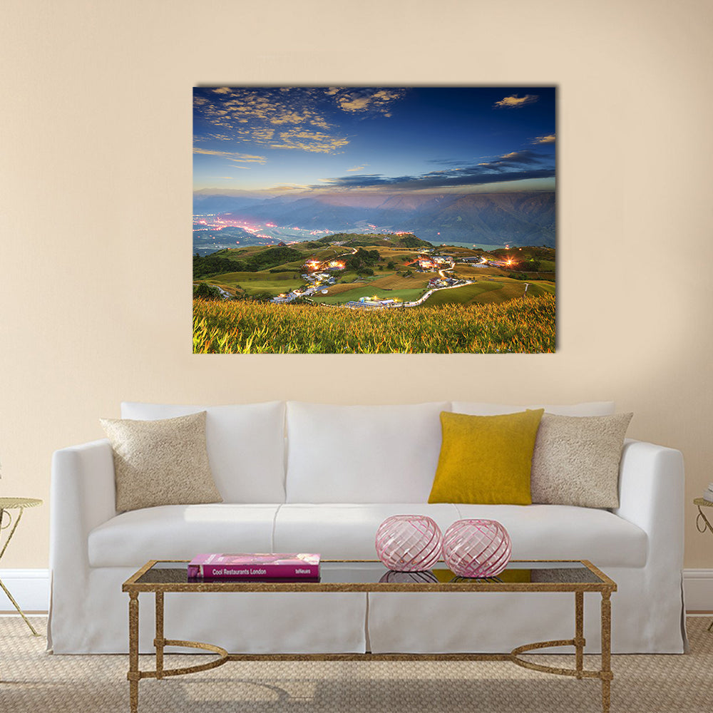 Lioushidan Mountain Daylilies at Dawn Canvas Wall Art in yellow, green and blue, single panel hung on a wall