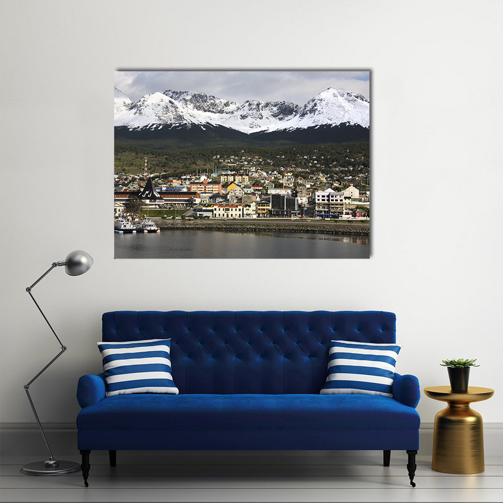 Ushuaia Harbor with Snow-capped Peaks Canvas Wall Art in white, gray and blue, single panel hung on a wall