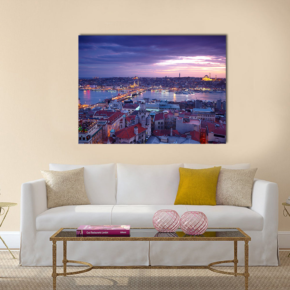 Istanbul At Sunset Canvas Wall Art in orange, blue and purple, single panel hung on a wall