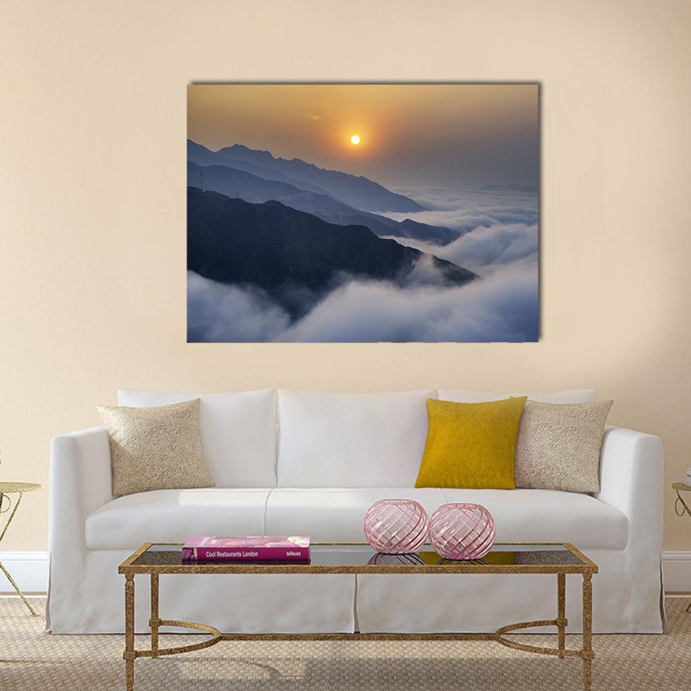 Ta Xua Mountain Range at Sunset Canvas Wall Art in orange, yellow and blue, single panel hung on a wall