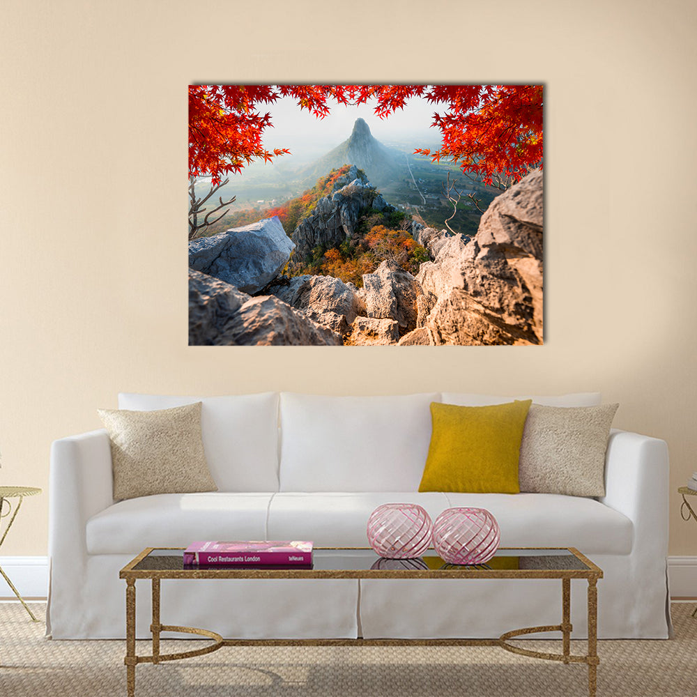 Scenic Khao No Nakhon Sawan Mountain In Thailand Canvas Wall Art in gray, red and green, single panel hung on a wall